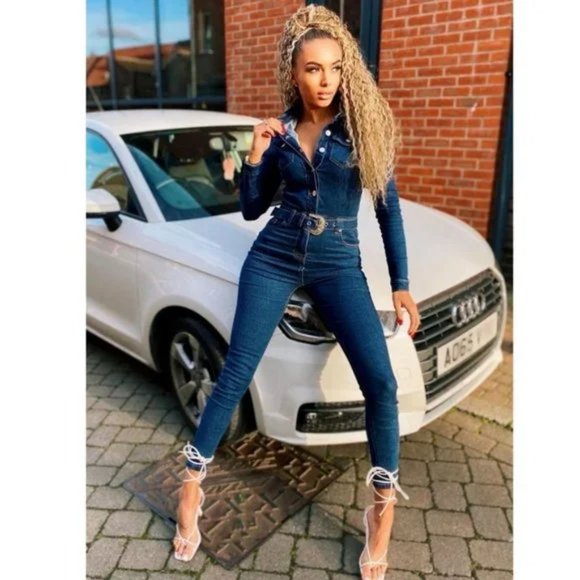 Blue Denim Jeans Long Sleeve Belted Bodycon Jumpsuit Playsuit - Picture 12 of 17